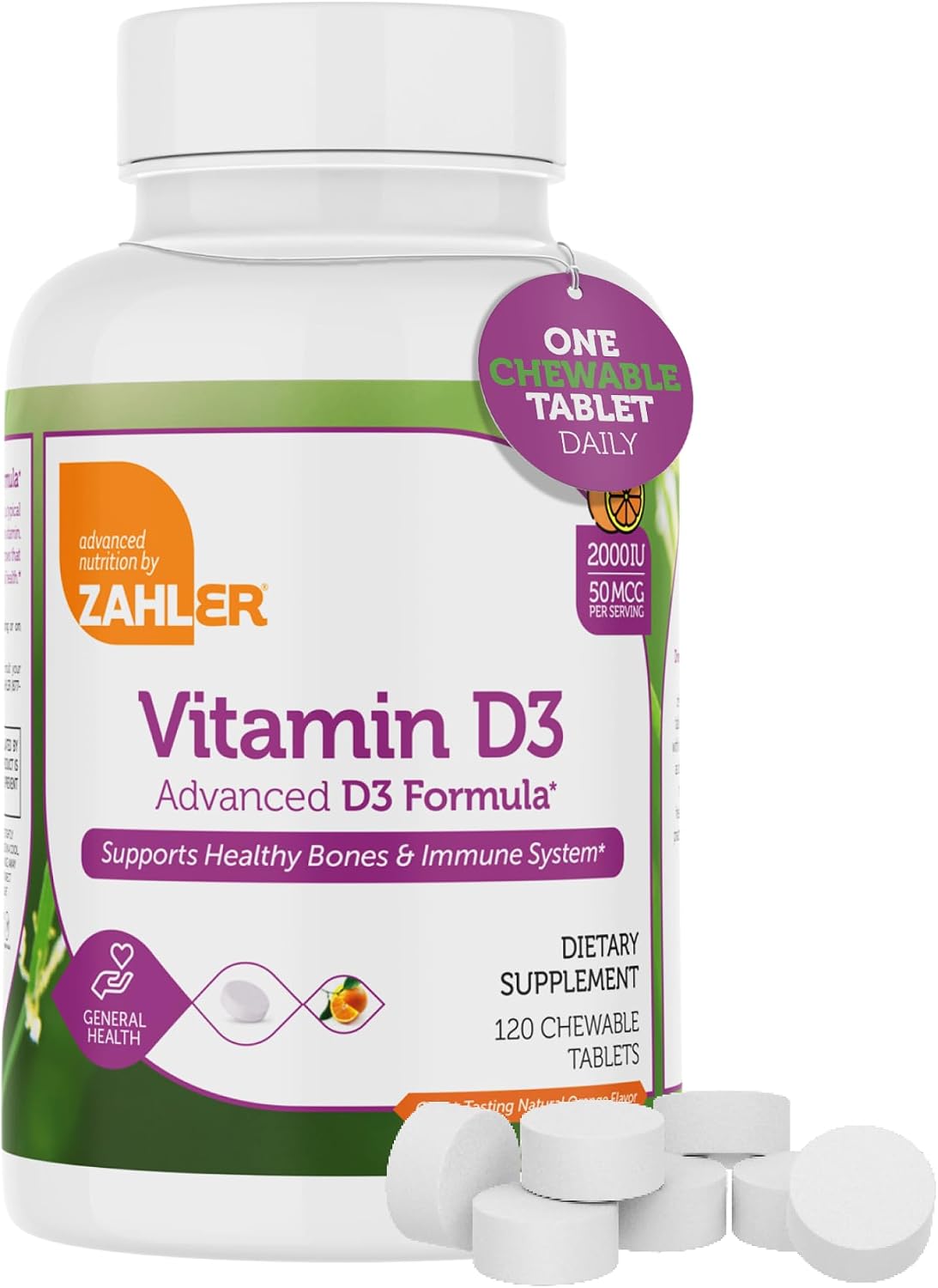 Zahler Vitamina D3 2000IU Masticable - 120 Comprimidos Sabor Naranja