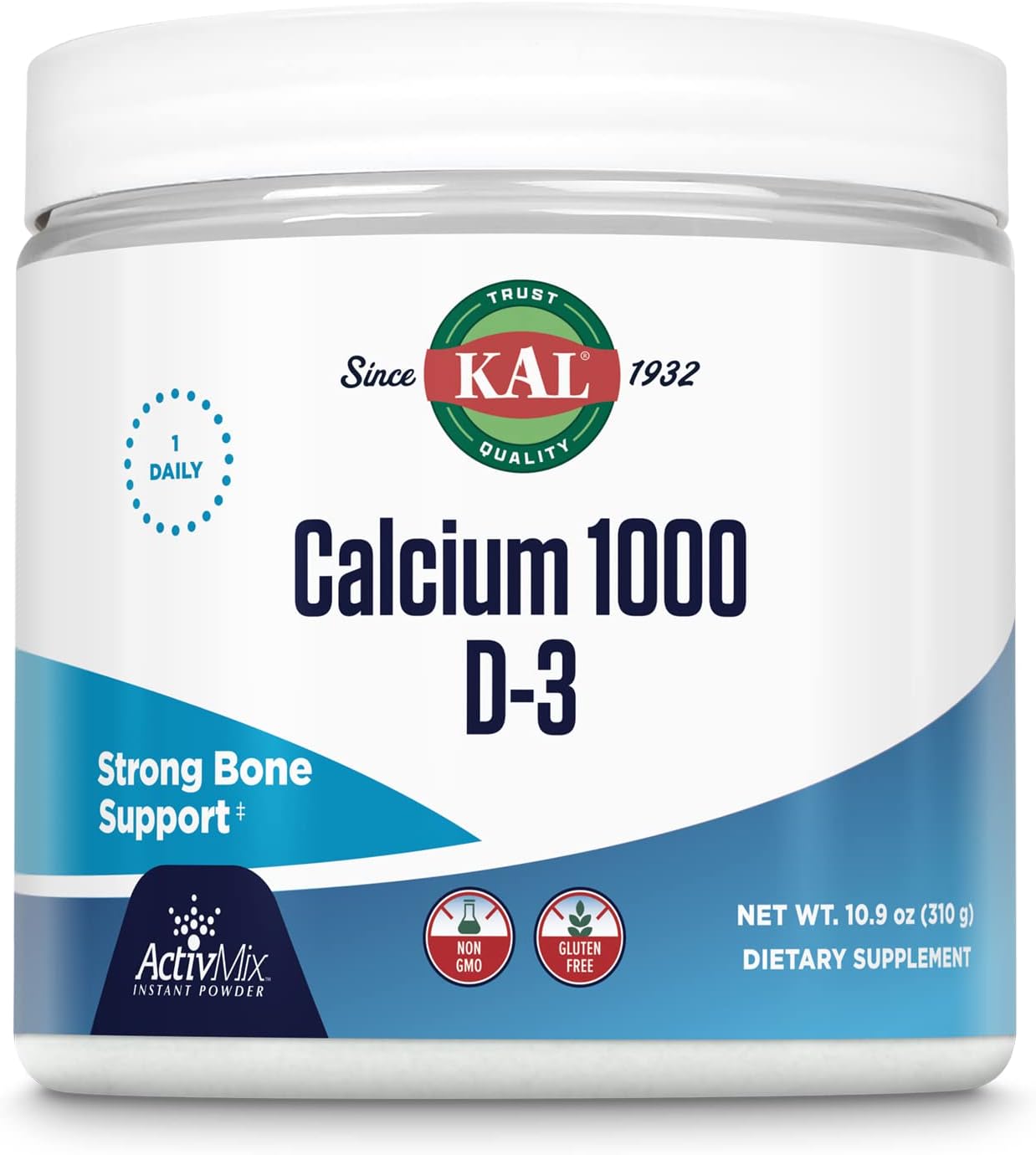 KAL Calcio Vitamina D-3 ActivMix, Polvo de Calcio, Lactato y Gluconato de Calcio Biodisponible, Sin Sabor, Sin Gluten, 31 Dosis, 10.9 oz