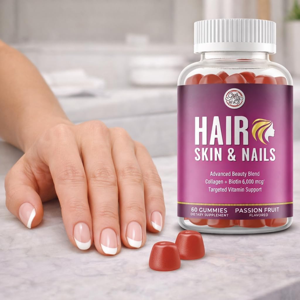 Grab The Gold Vitaminas para Cabello, Piel y Uñas | Gominolas con Biotina 6000 mcg y Colágeno | Sabor Maracuyá | Sin Gluten, No-GMO