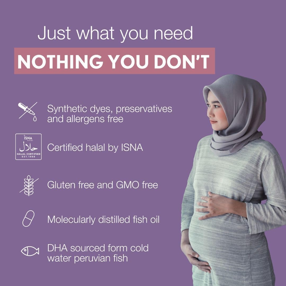 Noor Vitamins Vitaminas Prenatales Halal con DHA y Ácido Fólico, Jengibre, Hierro, 90 Cápsulas Blandas