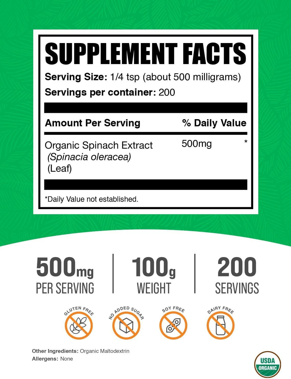 BulkSupplements.com Organic Spinach Extract Powder - 100g (3.5 oz)
