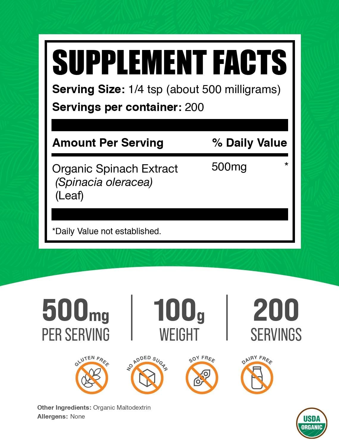 BulkSupplements.com Organic Spinach Extract Powder - 100g (3.5 oz)