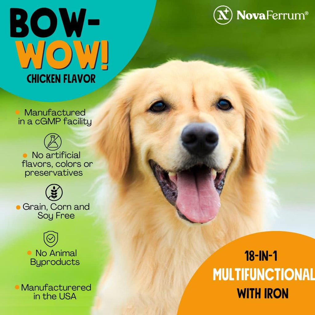 NovaFerrum Bow Wow | Suplemento multifuncional 18 en 1 con hierro para perros | Apoyo sanguíneo para anemia | Glucosamina | Probióticos | Antioxidantes | Sabor a pollo | 90 masticables
