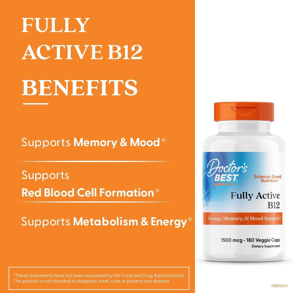 Doctor's Best Vitamina B12 Metilcobalamina 1500 mcg, 180 Cápsulas Veganas