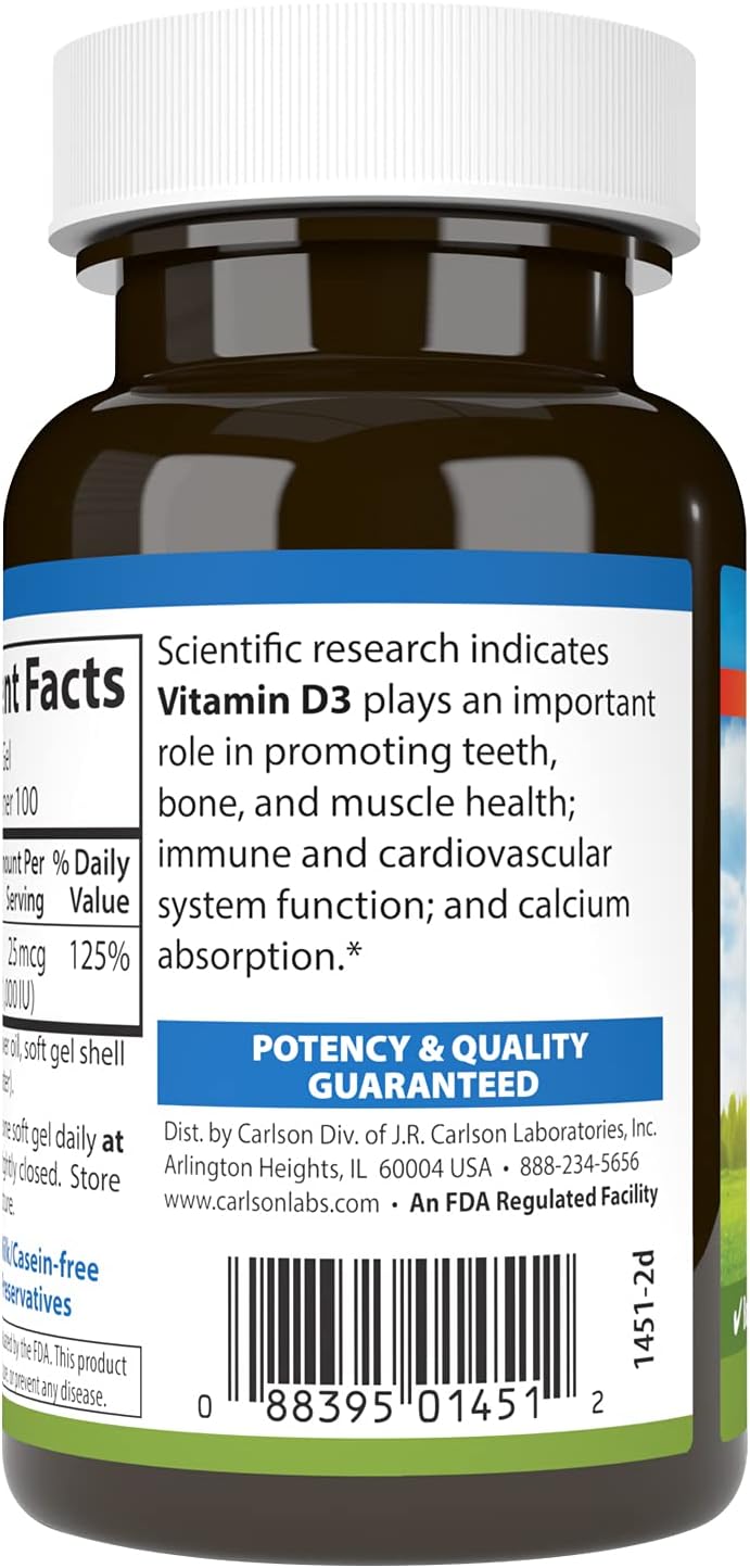 Carlson Vitamina D3 1000 UI – 100 Cápsulas Blandas