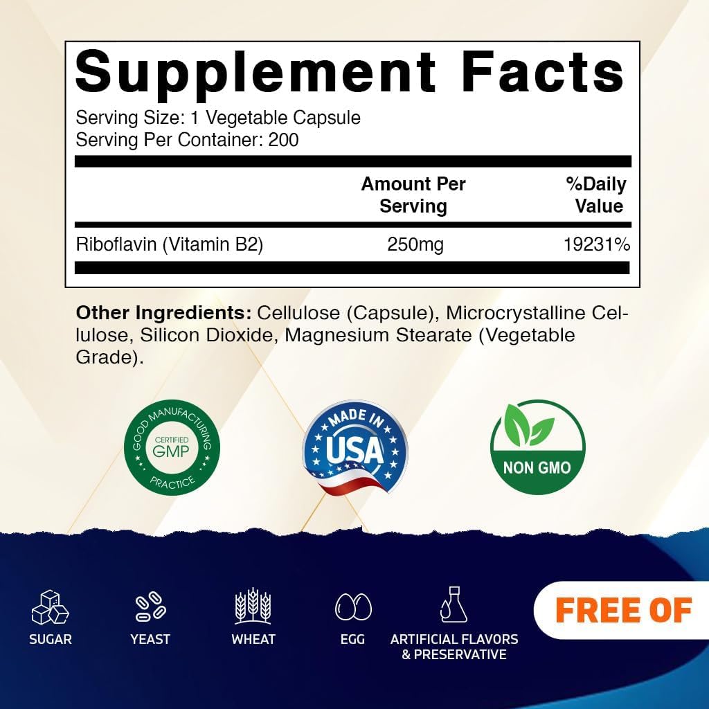 Vitamina B2 (Riboflavina) 250 mg – 200 Cápsulas Vegetarianas – Vitamatic