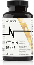 NATUREVOL Vitamina D3 10.000 UI + K2 200 mcg con Aceite de Coco - 240 Cápsulas Blandas