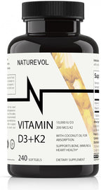NATUREVOL Vitamina D3 10.000 UI + K2 200 mcg con Aceite de Coco - 240 Cápsulas Blandas