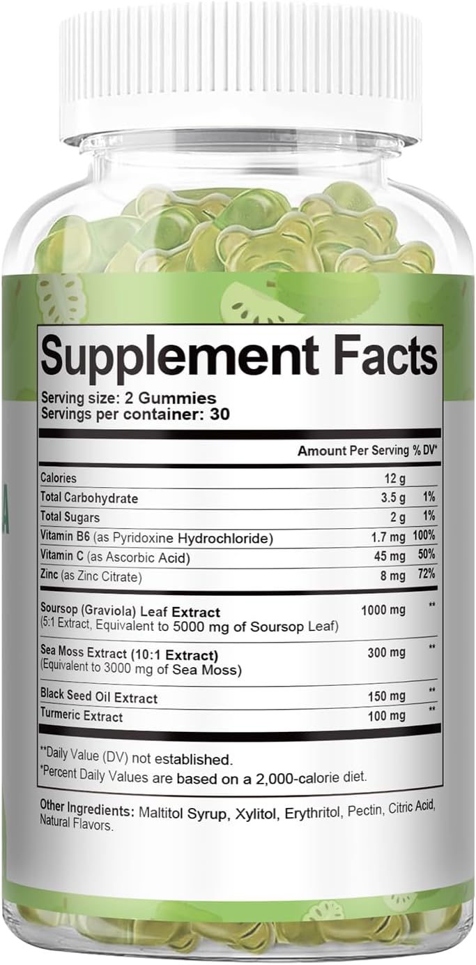 Totaria Sugar Free Soursop Oil Graviola Sea Moss Gummies - Apoyo Digestivo, Sueño, Piel, Inmunidad y Antioxidante - Guanábana con Musgo Marino, 150mg Aceite de Semilla Negra Orgánico No-OGM Vegano