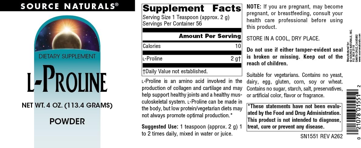Source Naturals L-Prolina en Polvo - 113 g (4 oz)