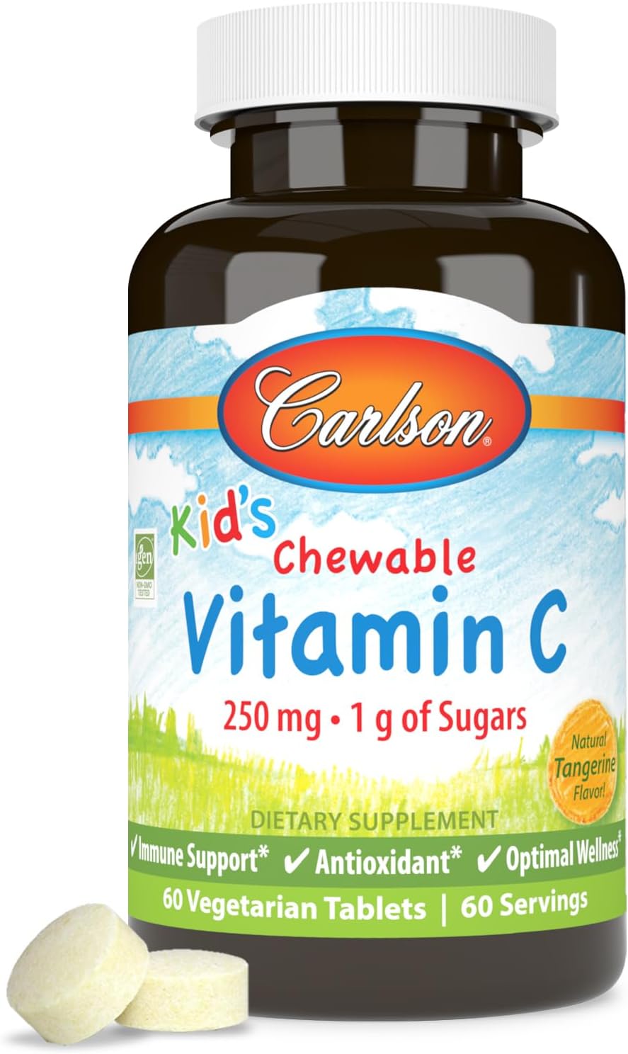 Carlson - Vitamina C Masticable para Niños, 250 mg, Sabor Mandarina, 60 tabletas vegetarianas