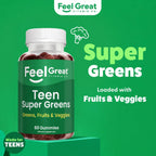 Feel Great Super Green Gummies Teen Vitamins | Gominolas Multivitamínicas Veganas para Adolescentes | Suplemento de Frutas y Verduras | 60 Unidades