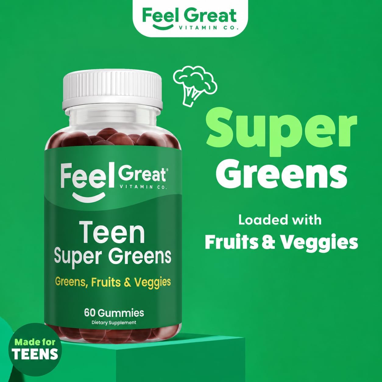 Feel Great Super Green Gummies Teen Vitamins | Gominolas Multivitamínicas Veganas para Adolescentes | Suplemento de Frutas y Verduras | 60 Unidades