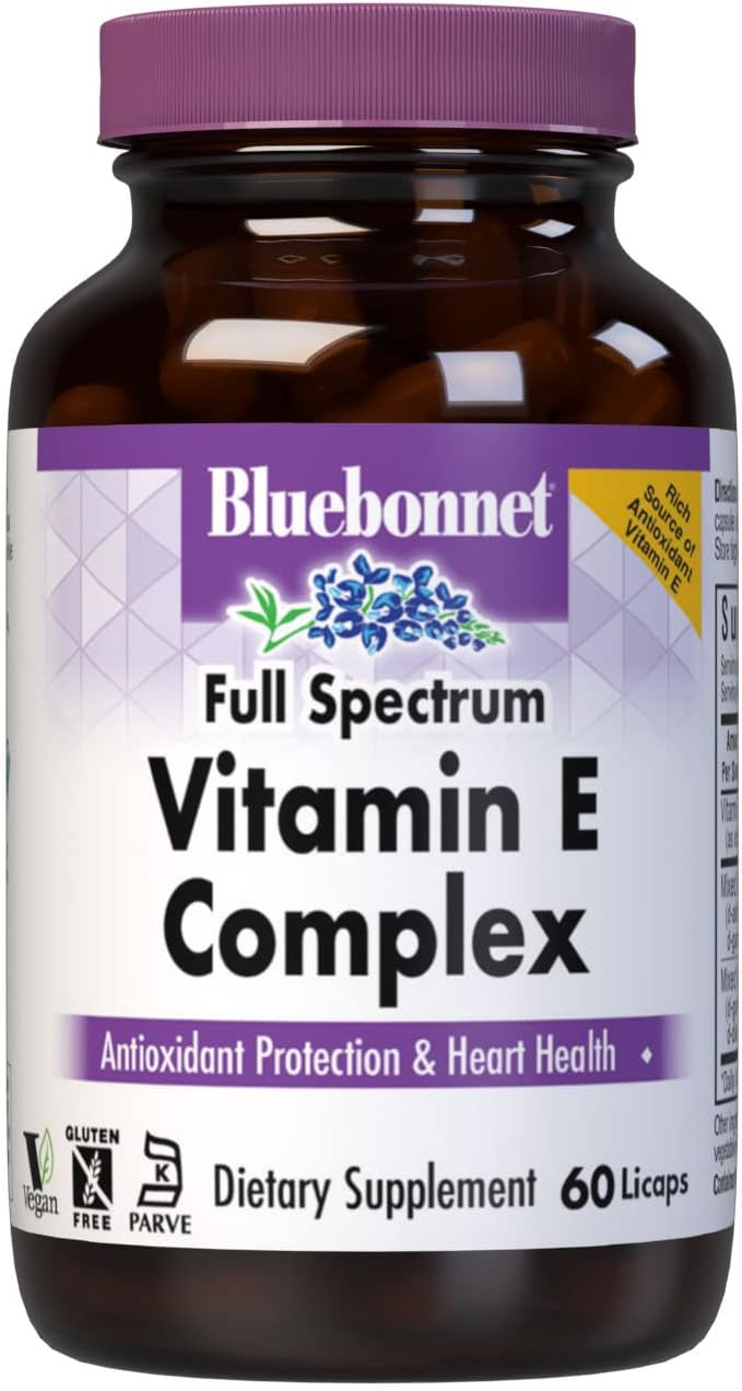 BlueBonnet Complejo de Vitamina E de Espectro Completo 200 UI - Suplemento Antioxidante con D-Alfa Tocoferoles y D-Gamma Tocotrienoles - Sin Gluten, Vegano - 60 Cápsulas Blandas