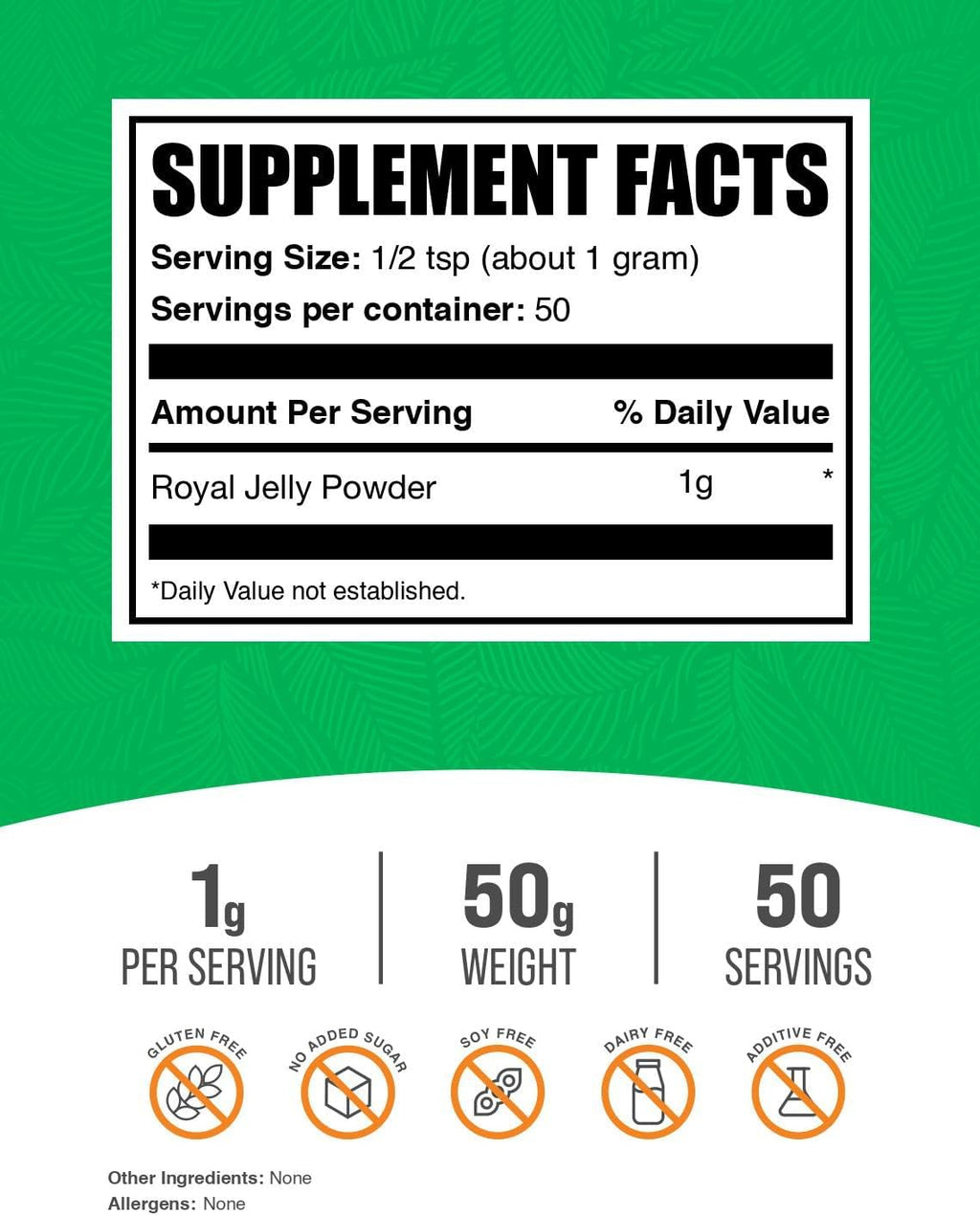 BulkSupplements Royal Jelly Powder - Suplemento para el sistema inmunitario, sin gluten, 1g por porción, 50g