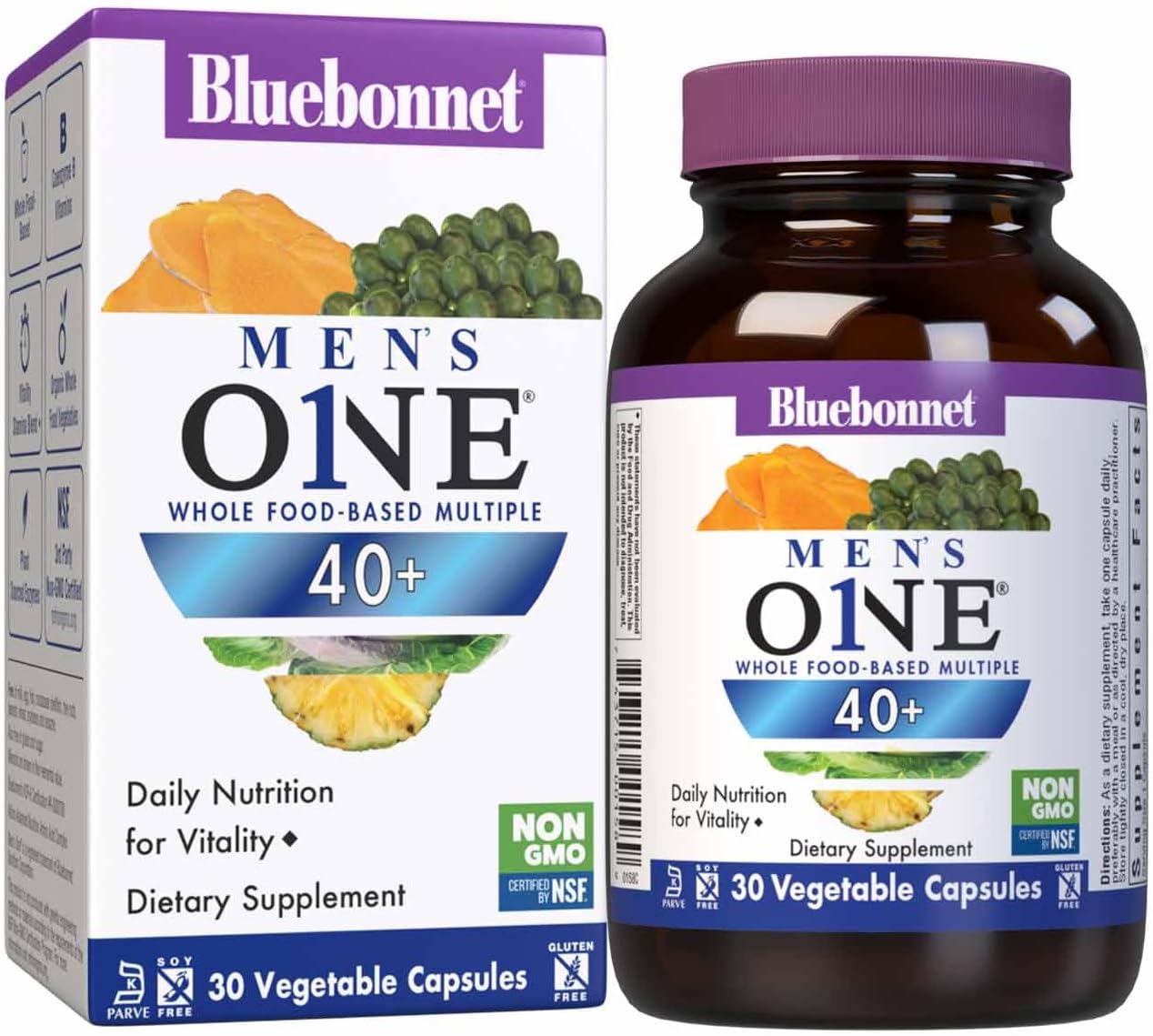 BlueBonnet Nutrition Men's ONE 40+ Multivitamínico para Hombres - Base de Alimentos Integrales, Sin Soja, No GMO, Sin Gluten, 30 Cápsulas Vegetales