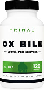 Primal Ox Bile (120 Cápsulas, 500 mg por Porción) – Sin Gluten, Sin OGM, Probado por Terceros