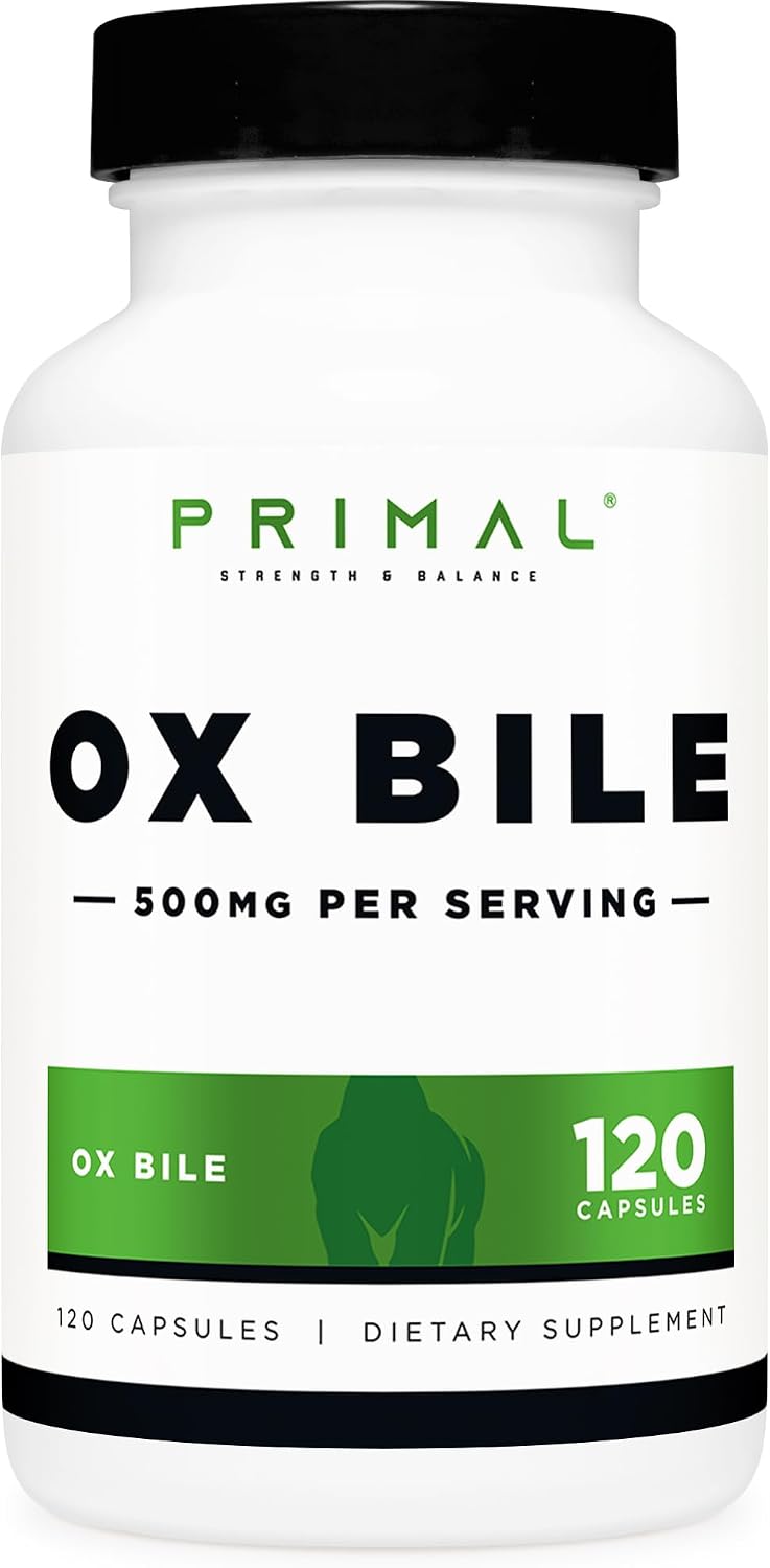 Primal Ox Bile (120 Cápsulas, 500 mg por Porción) – Sin Gluten, Sin OGM, Probado por Terceros