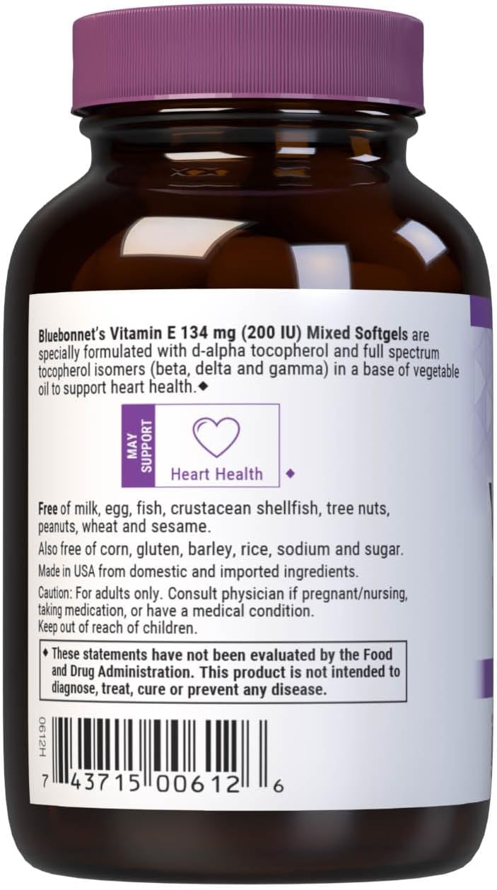 Bluebonnet Vitamina E 200 UI con Tocoferoles Mixtos, 100 Cápsulas Blandas