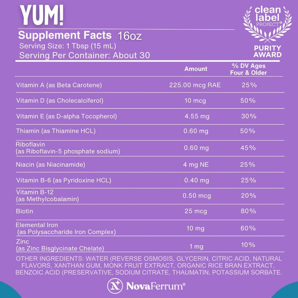 NovaFerrum Yum 473 ml | Multivitamínico con Hierro para +4 años | Sin Gluten Certificado | Sin Azúcar | Sabor Frambuesa y Uva