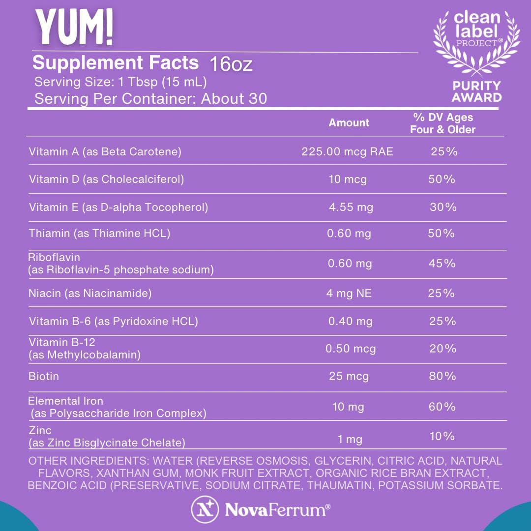 NovaFerrum Yum 473 ml | Multivitamínico con Hierro para +4 años | Sin Gluten Certificado | Sin Azúcar | Sabor Frambuesa y Uva