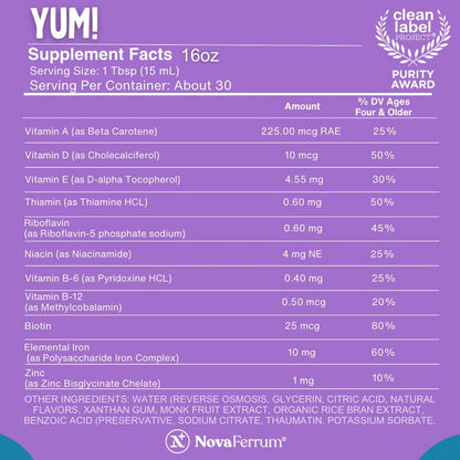 NovaFerrum Yum 473 ml | Multivitamínico con Hierro para +4 años | Sin Gluten Certificado | Sin Azúcar | Sabor Frambuesa y Uva – Image 3