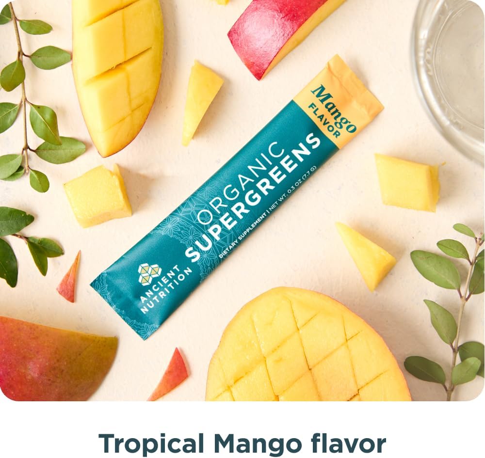 Ancient Nutrition SuperGreens Powder con Probióticos - Sabor Mango Orgánico - 16 Sticks