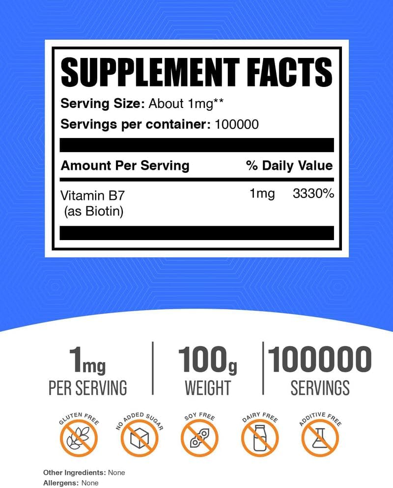 BulkSupplements Polvo puro de biotina - Vitamina B7, 1 mg por ración, 100 g (3.5 oz)