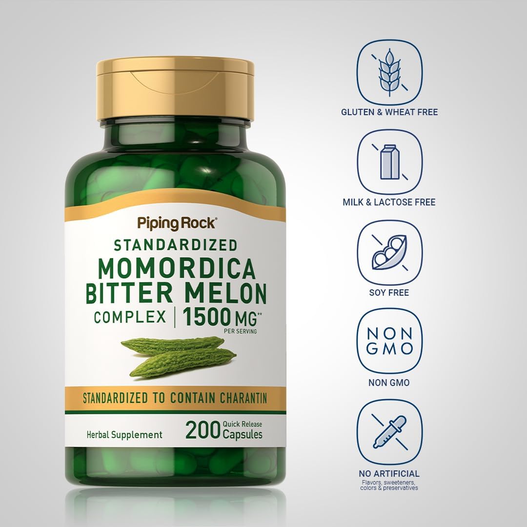 Piping Rock Cápsulas de Melón Amargo | 200 Cápsulas | Extracto Herbal Complejo | Momordica Charantia | Sin OGM, Sin Gluten
