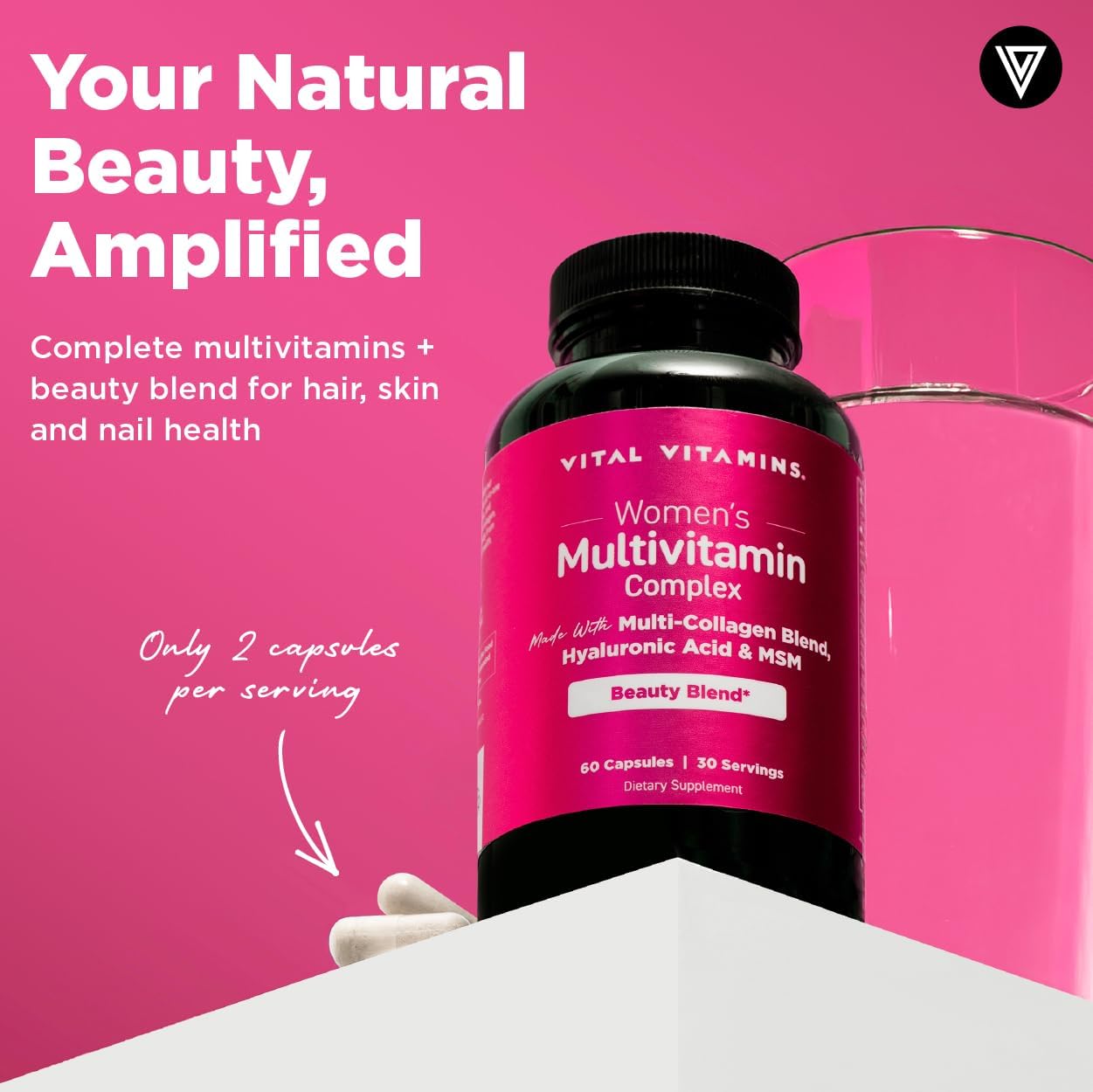 Vital Vitamins Complejo Multivitamínico para Mujeres - Con Mezcla de Multicolágeno, Ácido Hialurónico y MSM - Multivitamínico de Belleza - con Vitamina A, C, E, B6, B12, D3 - 60 Cápsulas