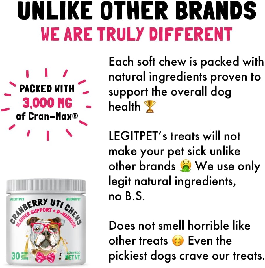 Cranberry UTI Chews para Perros - Apoyo a la Vejiga y Tracto Urinario con D-Mannosa - Complemento Natural de Arándano - 30 Chewables Sabor Pollo