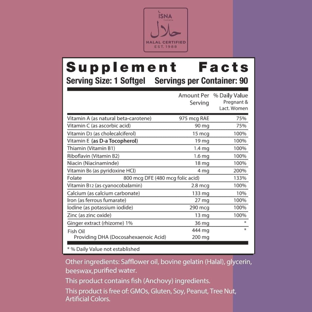 Noor Vitamins Vitaminas Prenatales Halal con DHA y Ácido Fólico, Jengibre, Hierro, 90 Cápsulas Blandas