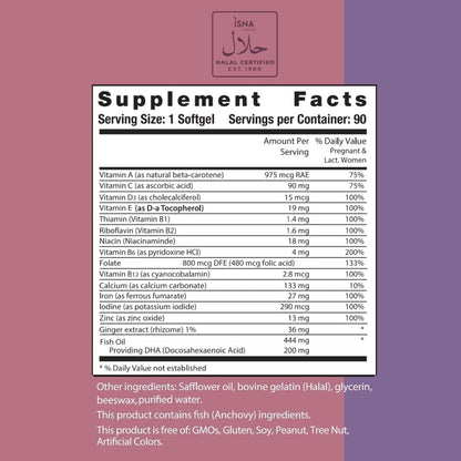 Noor Vitamins Vitaminas Prenatales Halal con DHA y Ácido Fólico, Jengibre, Hierro, 90 Cápsulas Blandas – Image 2