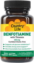 Country Life Benfotiamine with Thiamine, Nerve Health Support, 150mg, 60 Vegetarian Capsules, Certified Gluten-Free, Vegan