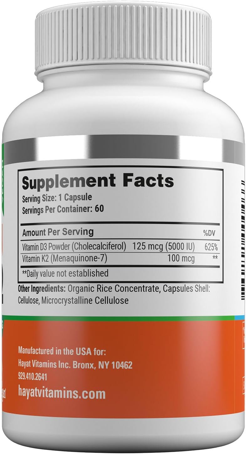 HAYAT Vitamins Vitamina D3+K2 Vegana (5000 UI + 100 mcg), 60 Cápsulas