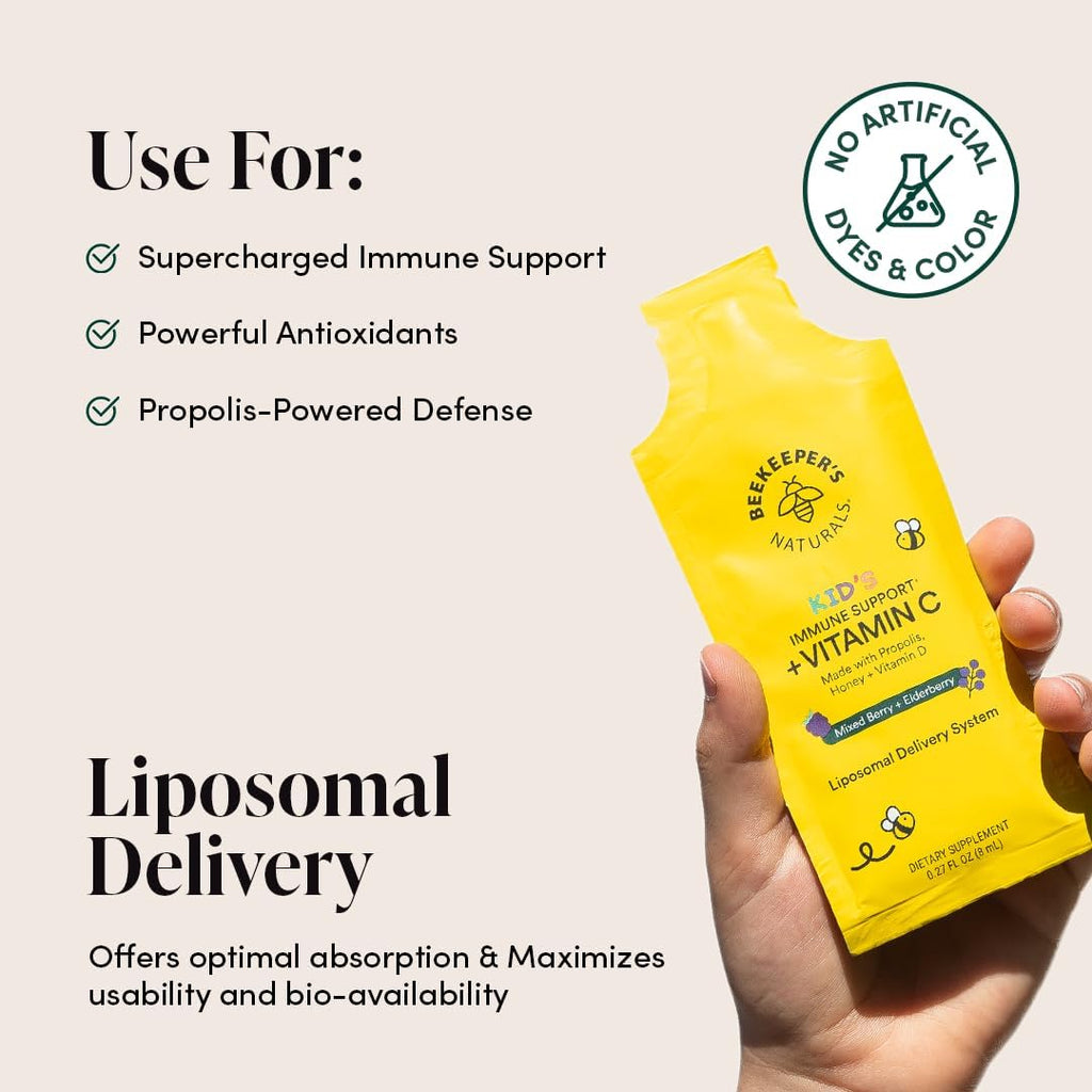 Beekeeper's Naturals Kid's Immune Liposomal Vitamin C - 500 mg de Vitamina C con Saúco, Vitamina D, Propóleo y Miel - Sabor Bayas Mixtas - 30 Sobres