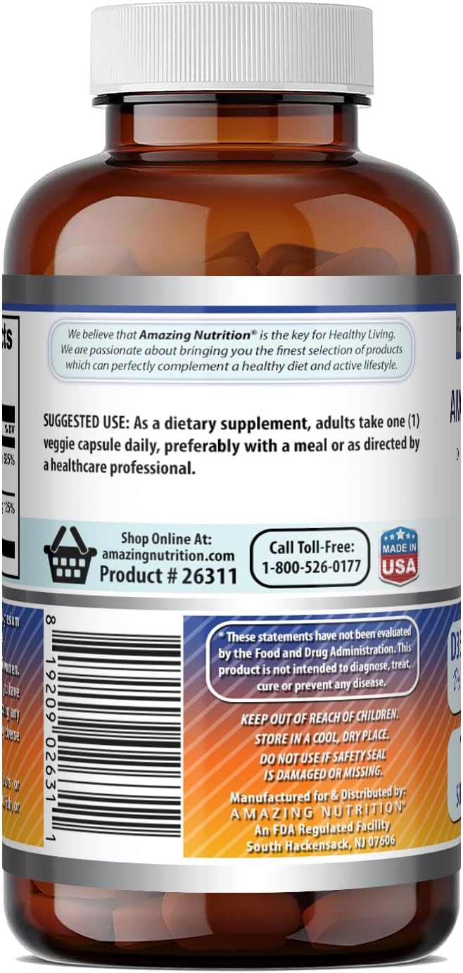 Amazing Formulas Vitamina D3 5000 UI con Vitamina K2 100 mcg, 120 Cápsulas Vegetales