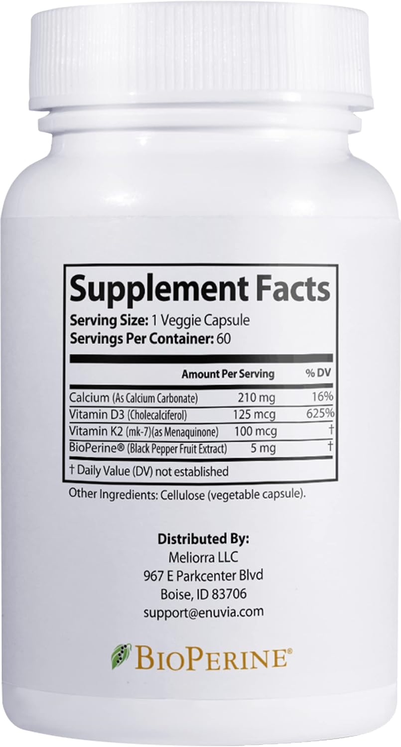 Enuvia D3+K2 - Vitamina D3 y K2 con Bioperine - 60 Cápsulas Veganas