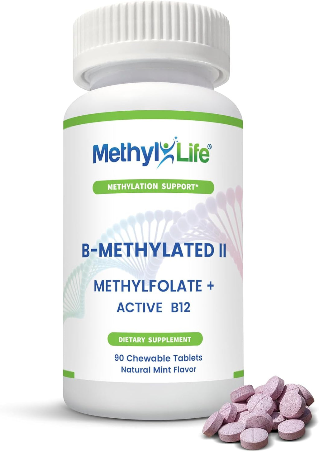 Methyl-Life® Masticable B-Metilado – 3 mg L-Metilfolato + B12 Metilada Sublingual (Metilcobalamina) | Folato Activo y Vitamina B12 | Vegano, Sin OGM, Sin Gluten