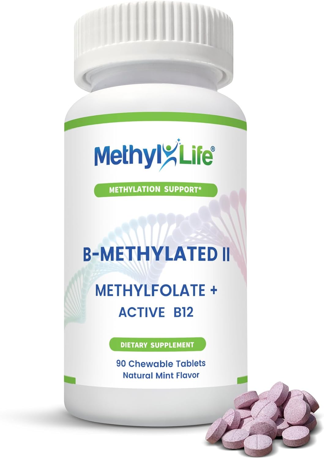 Methyl-Life® Masticable B-Metilado – 3 mg L-Metilfolato + B12 Metilada Sublingual (Metilcobalamina) | Folato Activo y Vitamina B12 | Vegano, Sin OGM, Sin Gluten