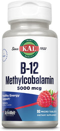 KAL Vitamina B12 Metilcobalamina 5000 mcg, Comprimidos sublinguales ActivMelts, Sabor natural a frambuesa, 90 unidades