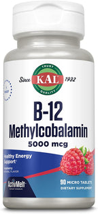 KAL Vitamina B12 Metilcobalamina 5000 mcg, Comprimidos sublinguales ActivMelts, Sabor natural a frambuesa, 90 unidades