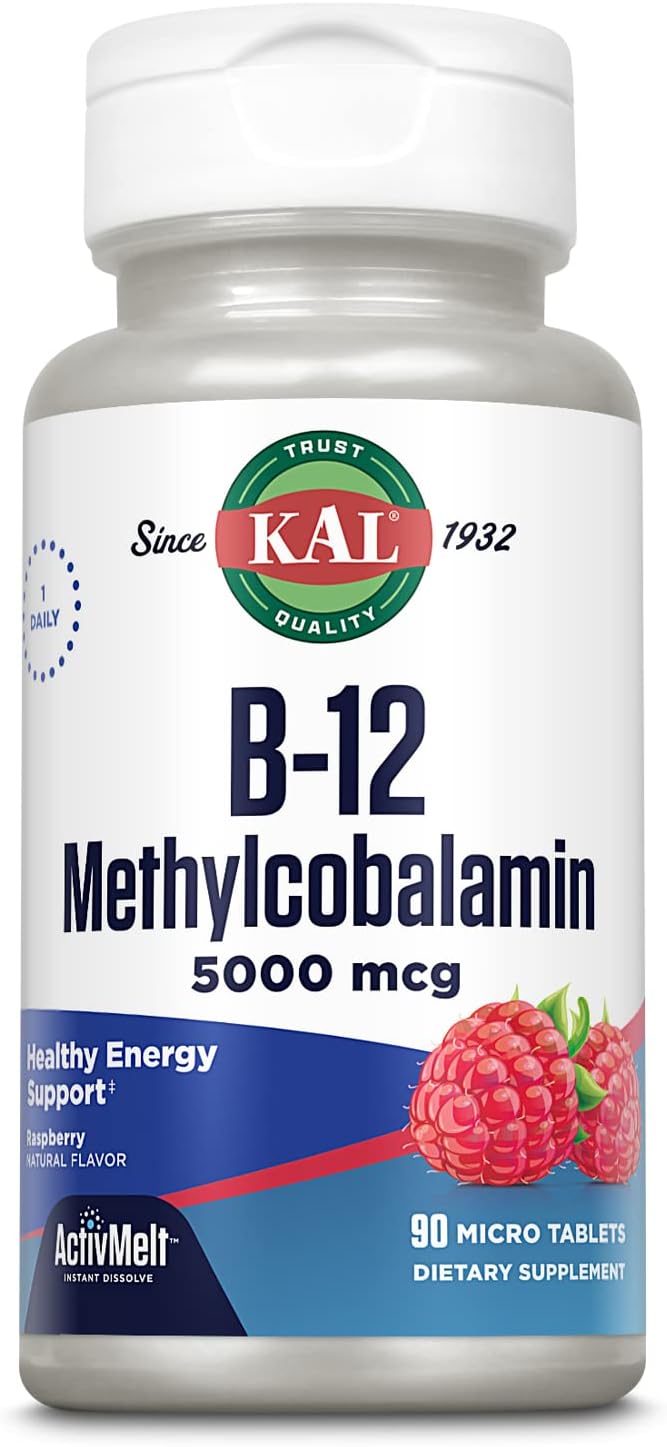 KAL Vitamina B12 Metilcobalamina 5000 mcg, Comprimidos sublinguales ActivMelts, Sabor natural a frambuesa, 90 unidades