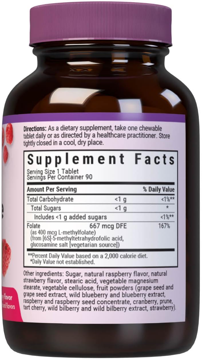 Bluebonnet EarthSweet Methylfolate 400 mcg – Folato activo 5-MTHF, 90 comprimidos masticables sabor frambuesa