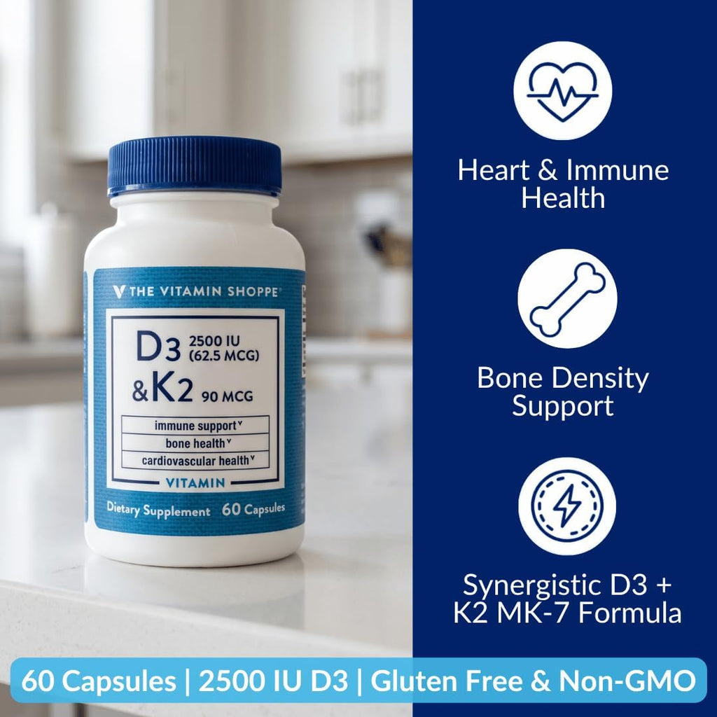 The Vitamin Shoppe Vitamina D3 2500 UI y K2 90 mcg con Calcio - 60 Cápsulas