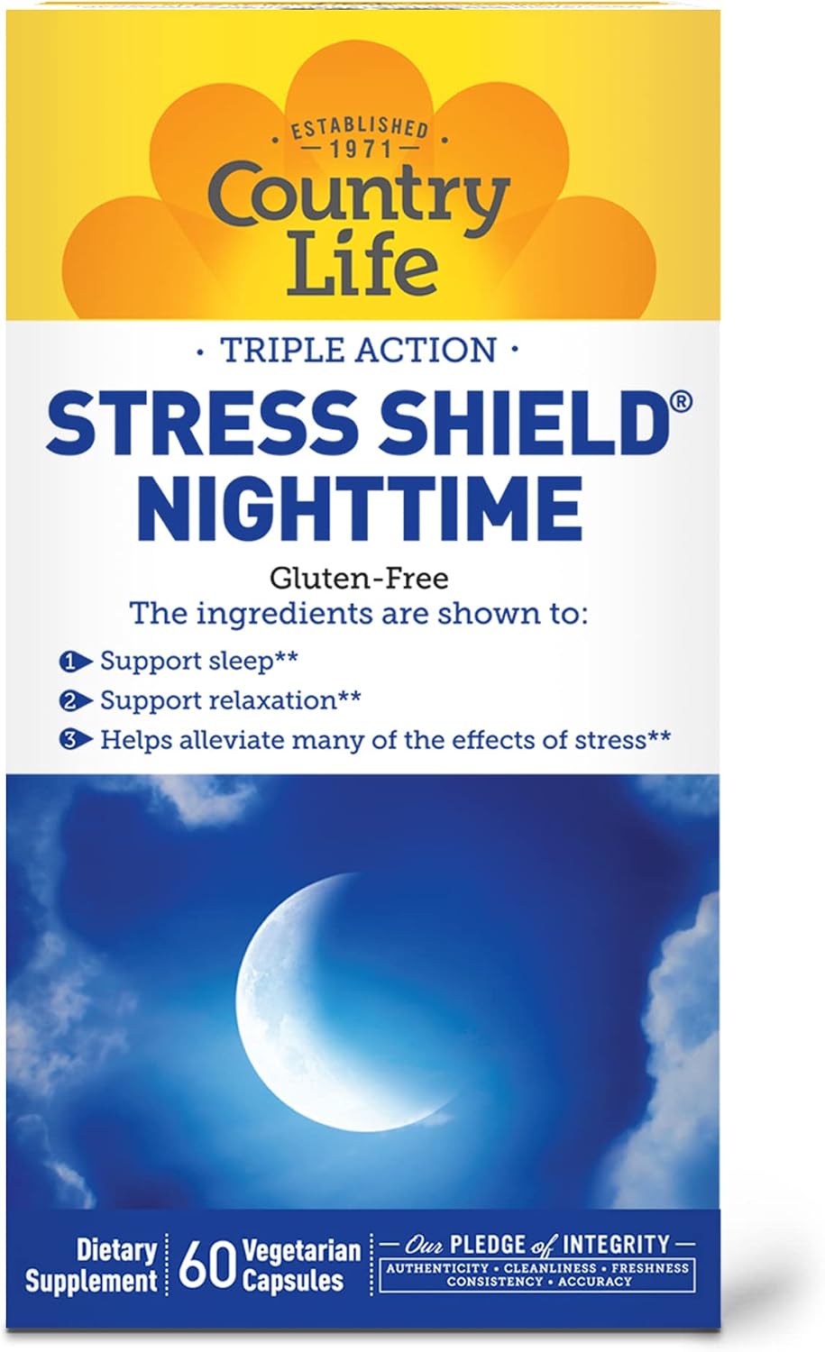 Country Life Stress Shield Nighttime – Suplemento para el Estrés y la Relajación – Sensoril® Ashwagandha, GABA y L-Teanina – Magnesio y Vitamina B5 – Sin Gluten, Vegano – 60 Cápsulas Vegetales