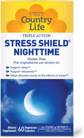 Country Life Stress Shield Nighttime – Suplemento para el Estrés y la Relajación – Sensoril® Ashwagandha, GABA y L-Teanina – Magnesio y Vitamina B5 – Sin Gluten, Vegano – 60 Cápsulas Vegetales