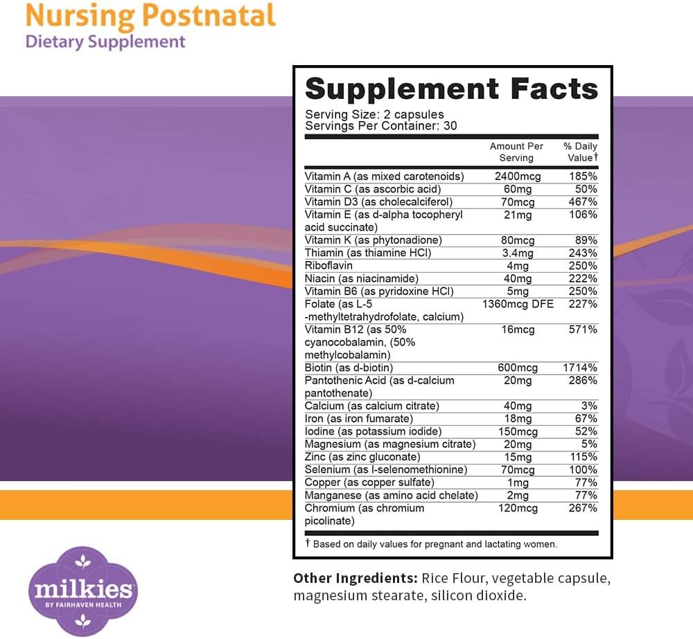 Milkies Fairhaven Health Nursing Postnatal – Multivitamínico para lactancia con vitamina D y B, 60 cápsulas