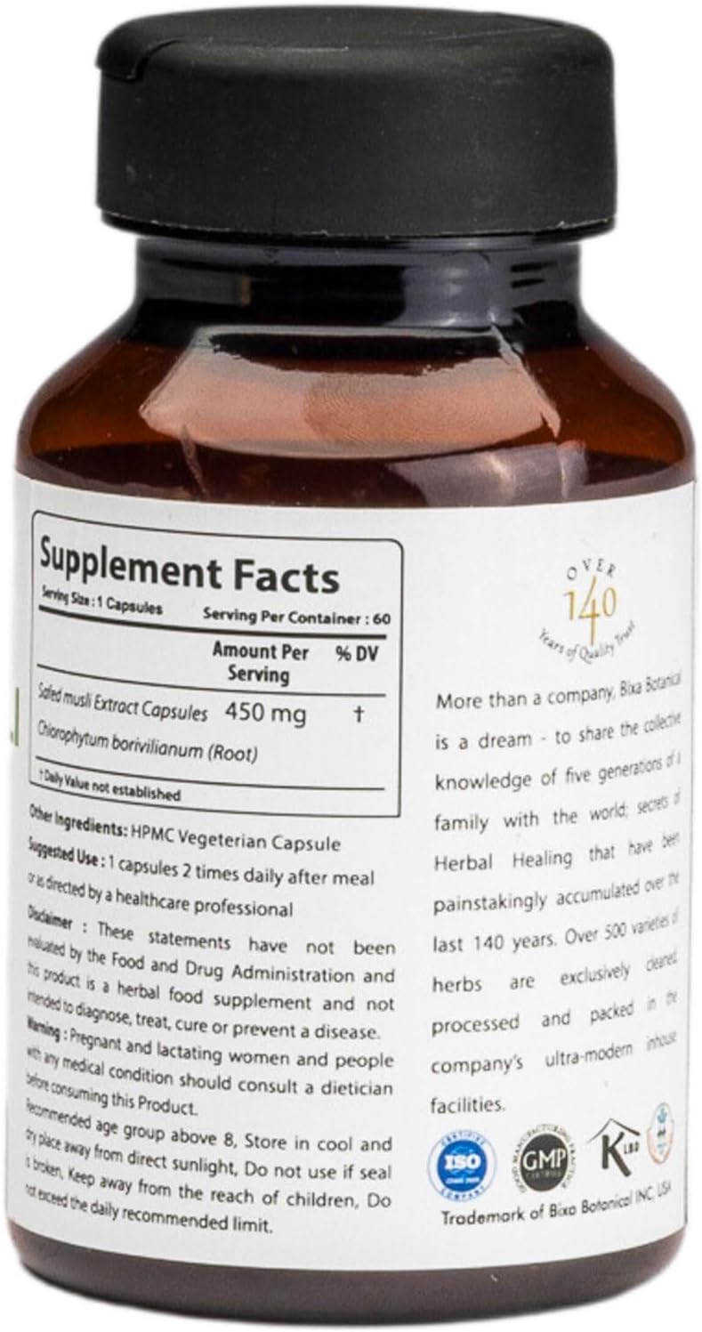 Bixa Botanical Safed Musli Cápsulas para Hombres - Extracto de Safed Musli - Suplemento Herbal Ayurvédico Natural - 60 Cápsulas