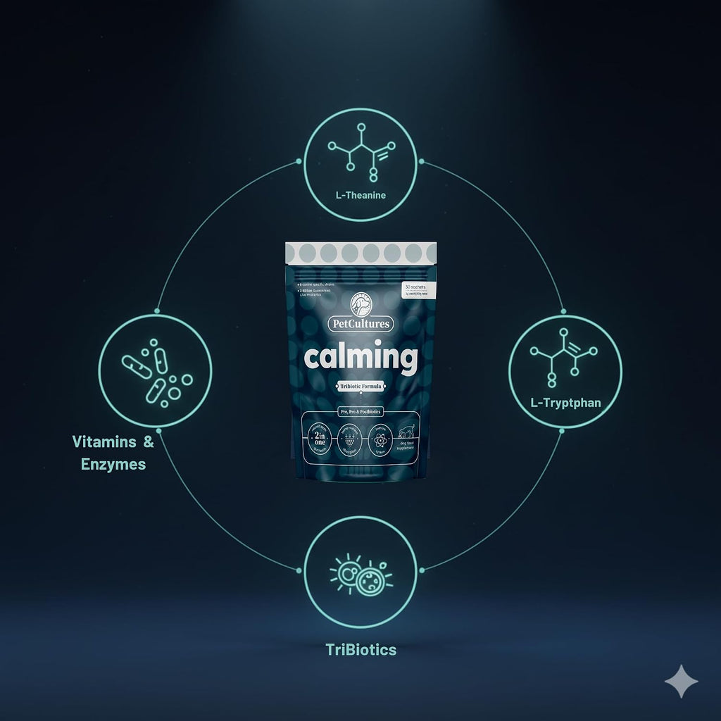 PetCultures Calming Tribiotic Polvo Calmante para Perros – Apoya el Estrés, L-Triptófano, L-Teanina y Equilibrio Eje Intestino-Cerebro – Fabricado en EE. UU. (30 Sobres)